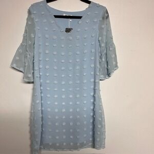 Blooming Jelly Swiss Dot Dress Bell Sleeve Sheer Overlay Light Blue S‎